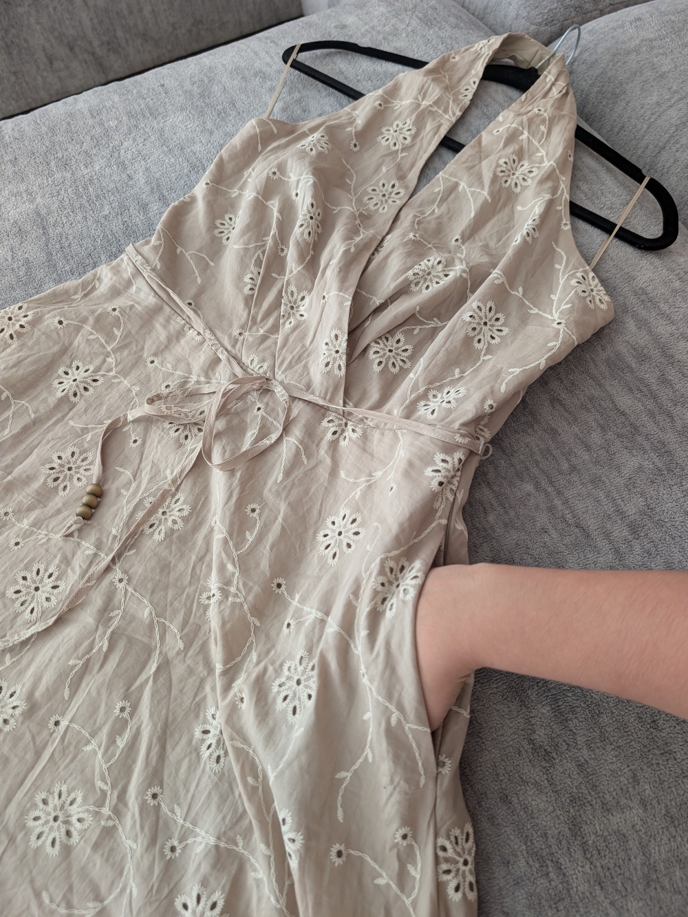 Joie Embroidered Halter Dress in Light Taupe with White Floral